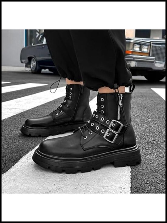 Black Leather Platform Ankle Boots Lace up Side Zip Adjustable Buckle Lug sole main image 4
